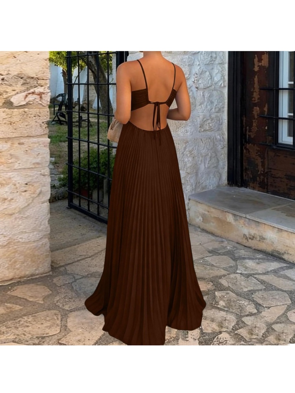 Brown Satin Pleated Front Cross Halter Maxi Dress - Picture 3 of 4